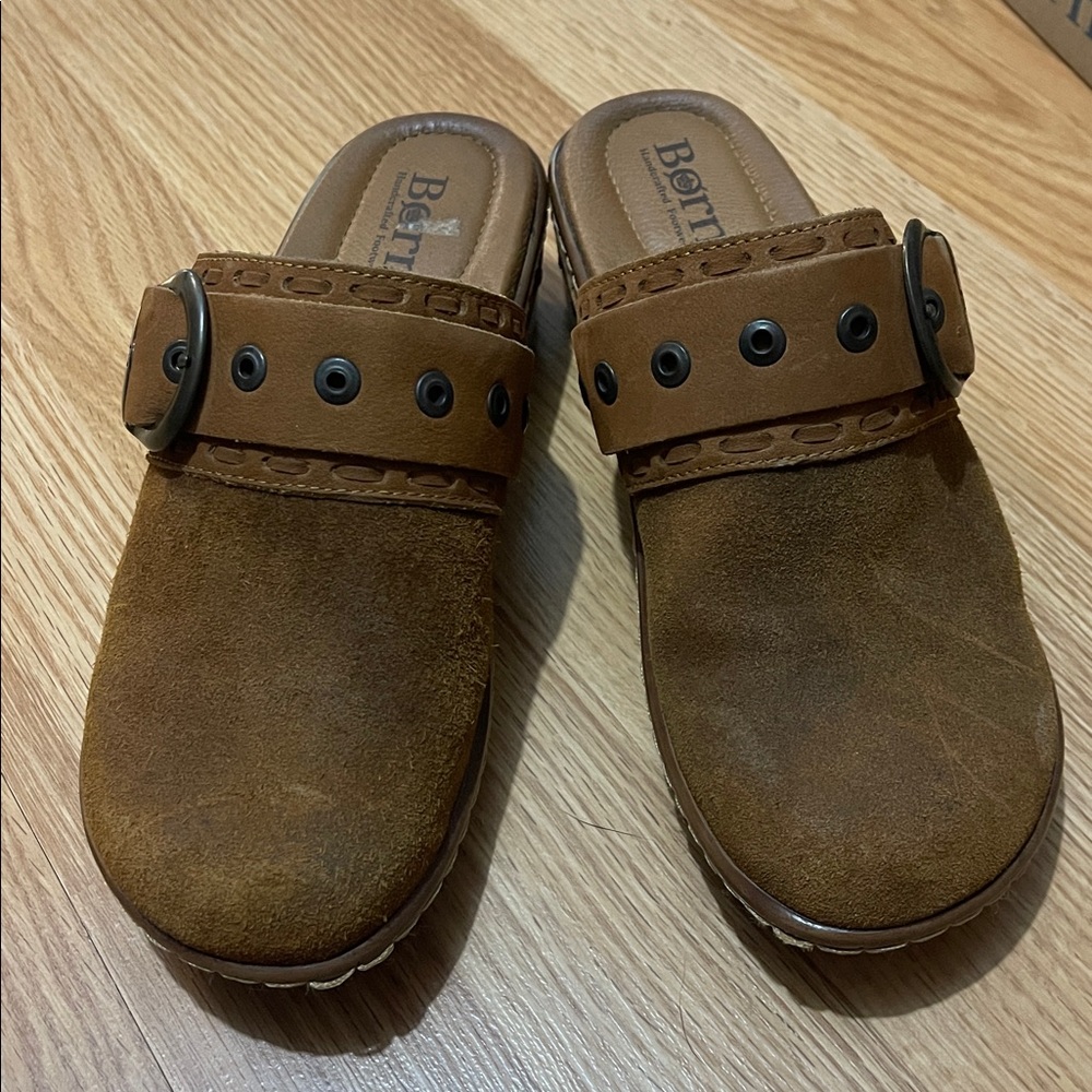 Born Tan Suede Clogs with Buckle